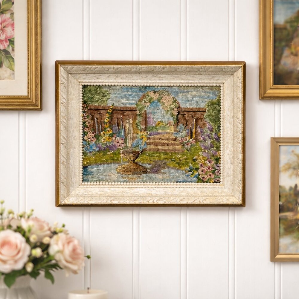 Handcrafted Floral Garden Tapestry Wall Art - Cream Frame